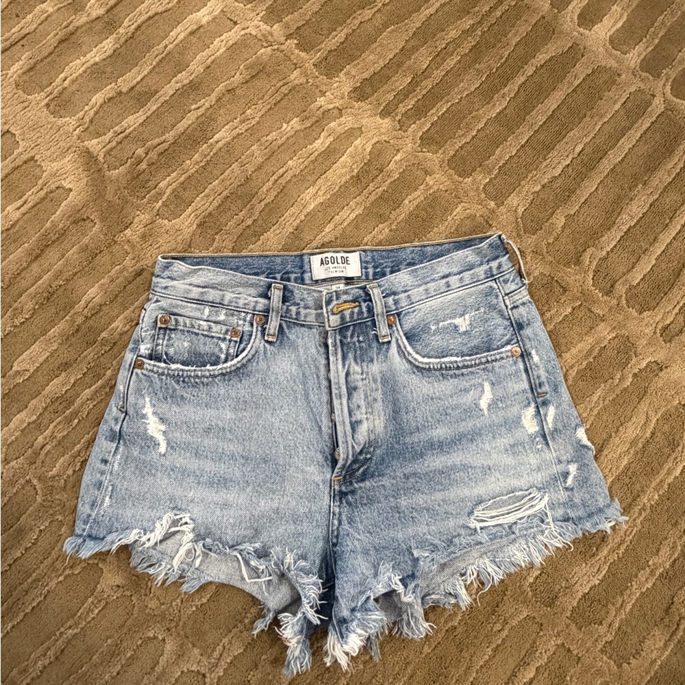 Agolde Frayed Hem Jean Shorts - Light Blue